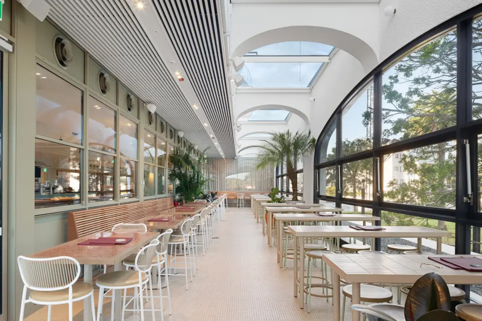 Interior of the PARC Pavilion hospitality venue with hanging gardens, delivered with mechanical, electrical, hydraulic and ESD engineering by Greenview.
